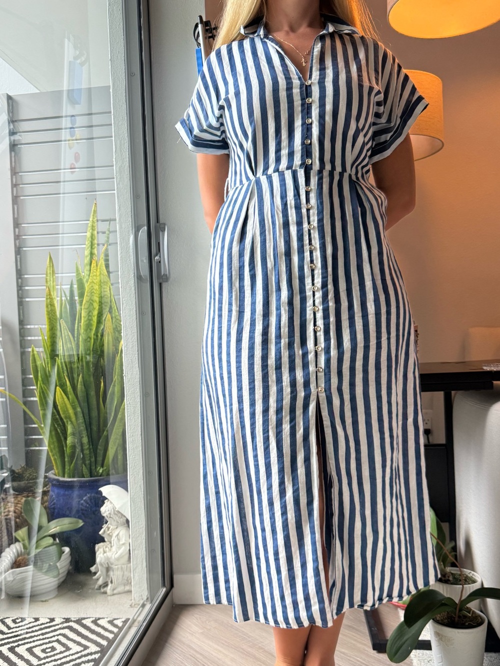 Zara Blue and White Striped Button-Front Midi Dress